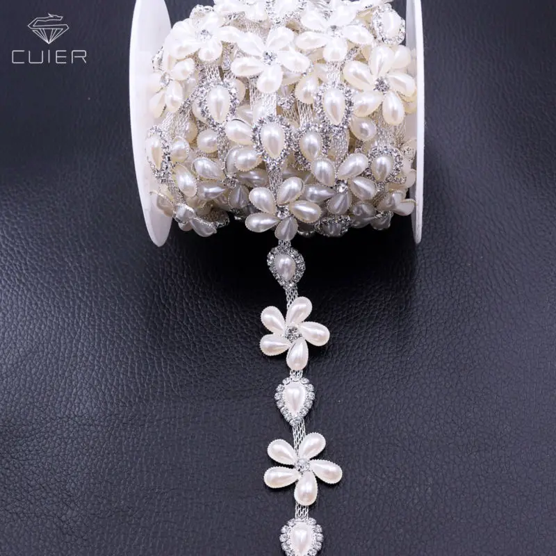 10yards Beatiful Flower Pearl Rhinestone Trimming Silver plated Bridal