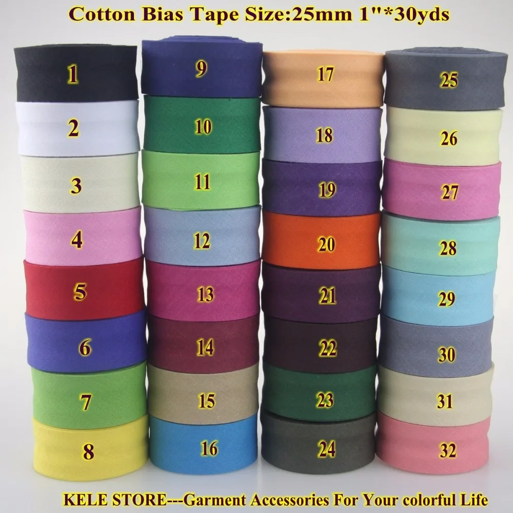 

Free shipping-100% Cotton Bias bindnig tape,size: 25mm, width:1",2.5cm,30yds various color,DIY garment accessories wholesales