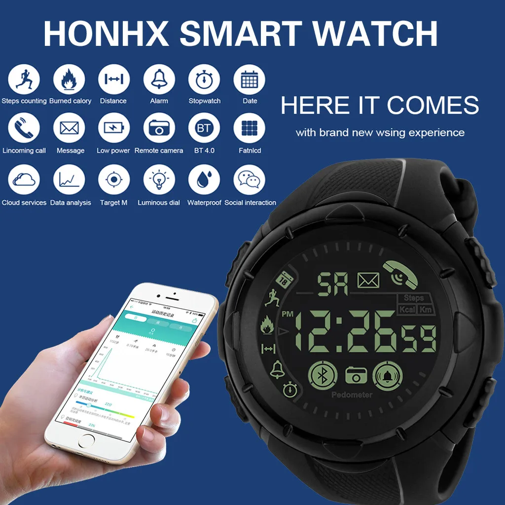 أزياء الرجال عارضة ساعة bluetooth ذكية الرقمية الرياضة الرقمية رجل ساعة ساعة معصم للماء relogio masculino الرقمية