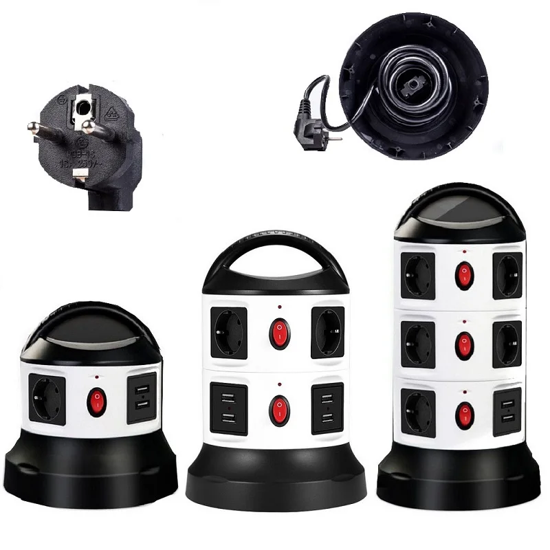 

Vertical Tower type Power Strip Overload Protection Multi-sockets 3/7/11 EU AC Outlets 2USB Ports Extension Socket EU Plug