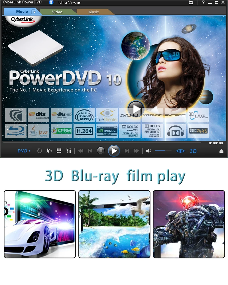 Blu-Ray плеер Внешний USB 3,0 DVD привод играть 3D фильмы 25G 50G BD-ROM CD/DVD RW горелки записывающее устройство для ноутбуков hp