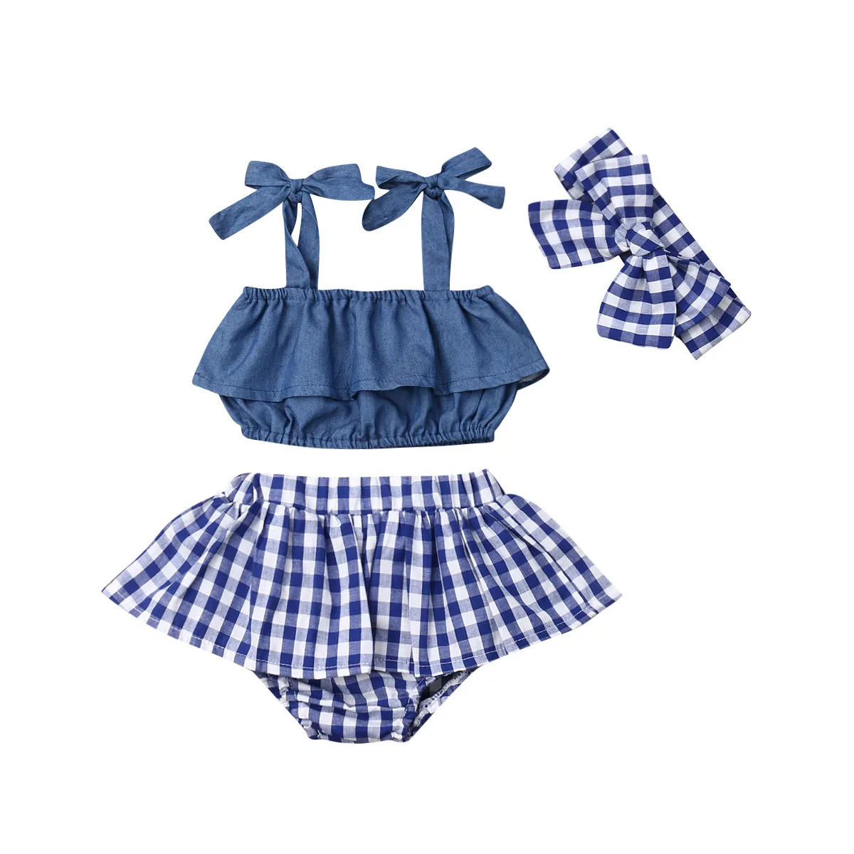 

Infant Baby Girl Clothes Sets 0-3Y Sleeveless Belt Sling Ruffle Vest Tops+Plaid Shorts+Headband 3PCS Outfit Sunsuit