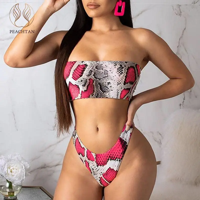 

Peachtan Snake print bikini set Bandeau swimsuit female Sexy bathing suit High cut swimwear women summer beach wear biquini new