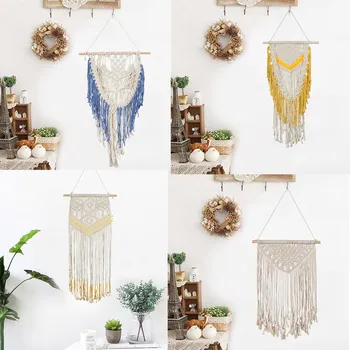 

Bohemia Cotton Tassels Chair Sashes Macrame Wall Art Handmade Cotton Wall Hanging Tapestry with Lace Fabrics Wedding Decoration