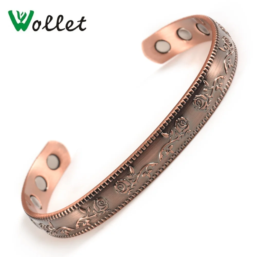 Pulseiras de Cobre Puro para as Mulheres Jóias Wollet Pulseira Magnética Rose Flor Ímã Aberto Manguito Anti Reumatismo Artrite Saúde Bio