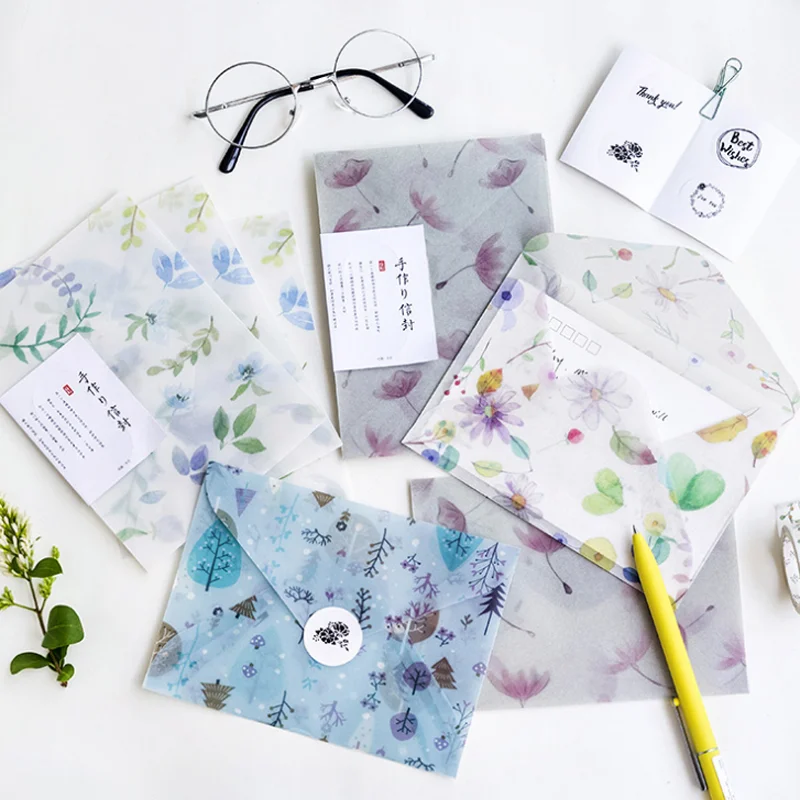 

1 Set =3 Envelopes +4 Seal Stickers Cartoon Watercolours Nature Stationery Envelopes Paper Envelope Gifts Supplies