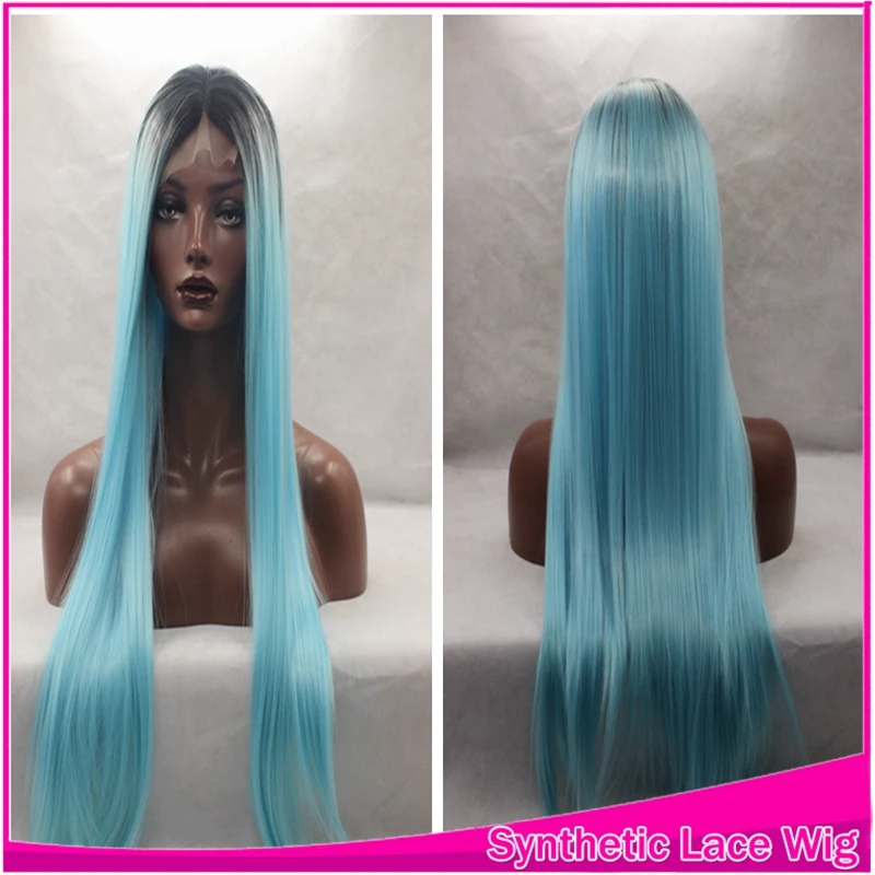 

Top Silk Straight Cosplay Synthetic Lace Front Wig Glueless Ombre Wigs 1B#/Blue colors available Heat Resistant For Black Women