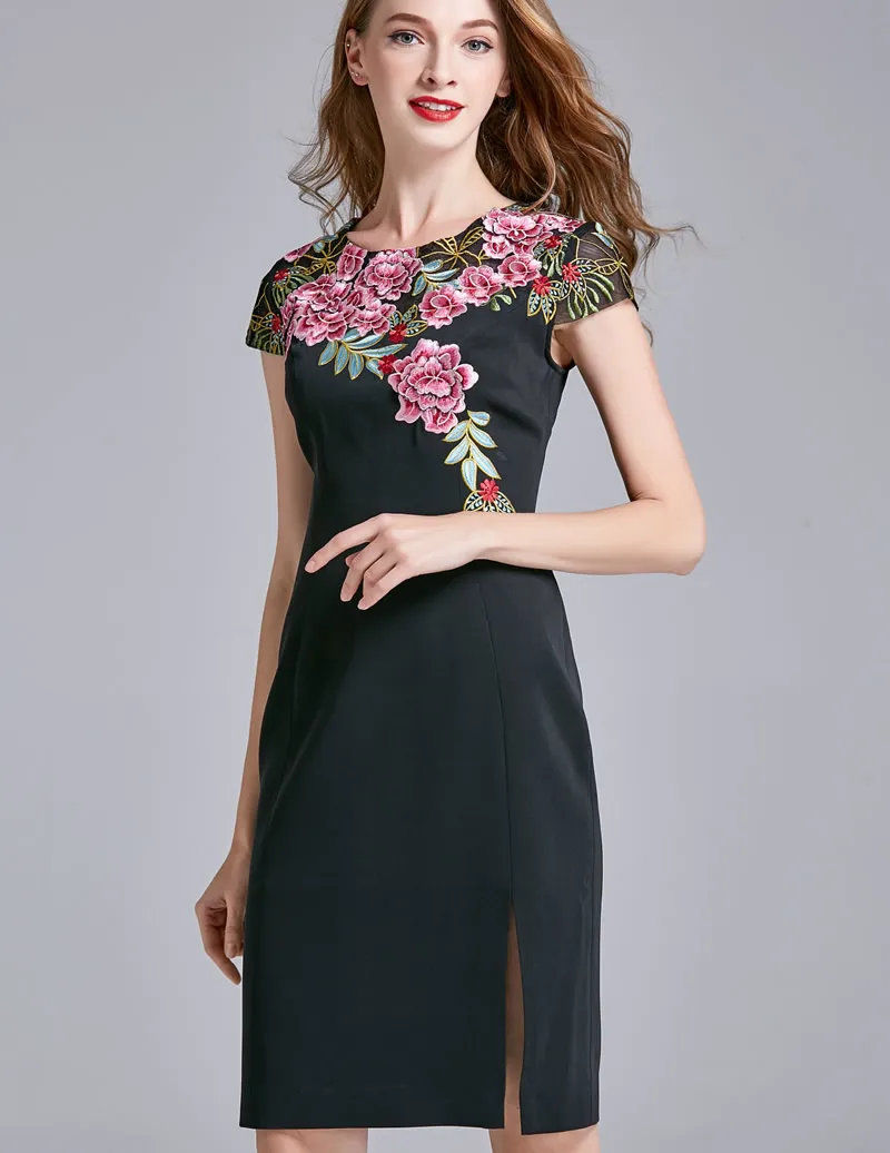 Vintage Flower Embroidery Women Dress Fashion Sheath Black Casual ...