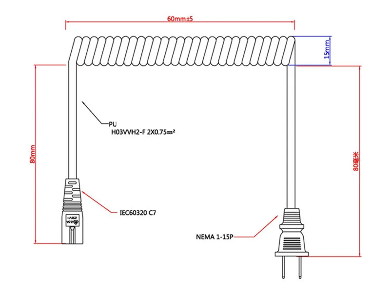 Выдвижной JP US NEMA 1-15P 2PIN разъем к IEC 320 C7 AC короткий портативный пружинный шнур 2 зубец C7 20 см PU кабель питания 10-30 см