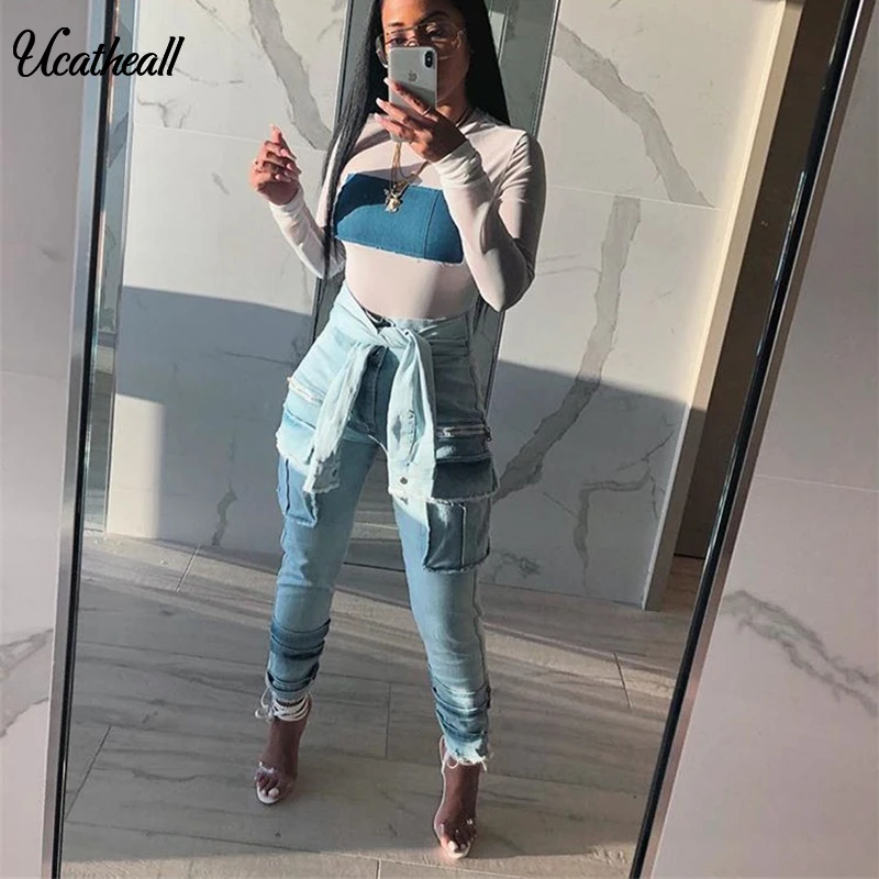 

Wide Pocket Jeans Leisure Stretchy Long Denim Pants Women Waist Belt Streetwear Casual Jeans