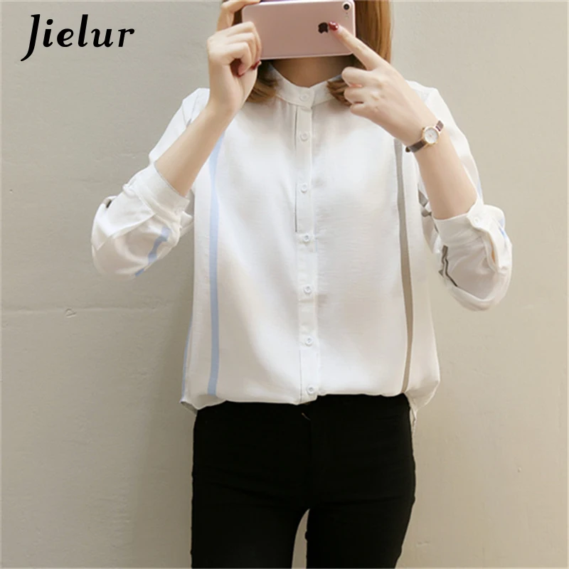 Jielur Long Sleeve Shirt Blue Striped Shirt Womens Tops Blouses 2019 New Autumn Blouse Femme Button S-XL White