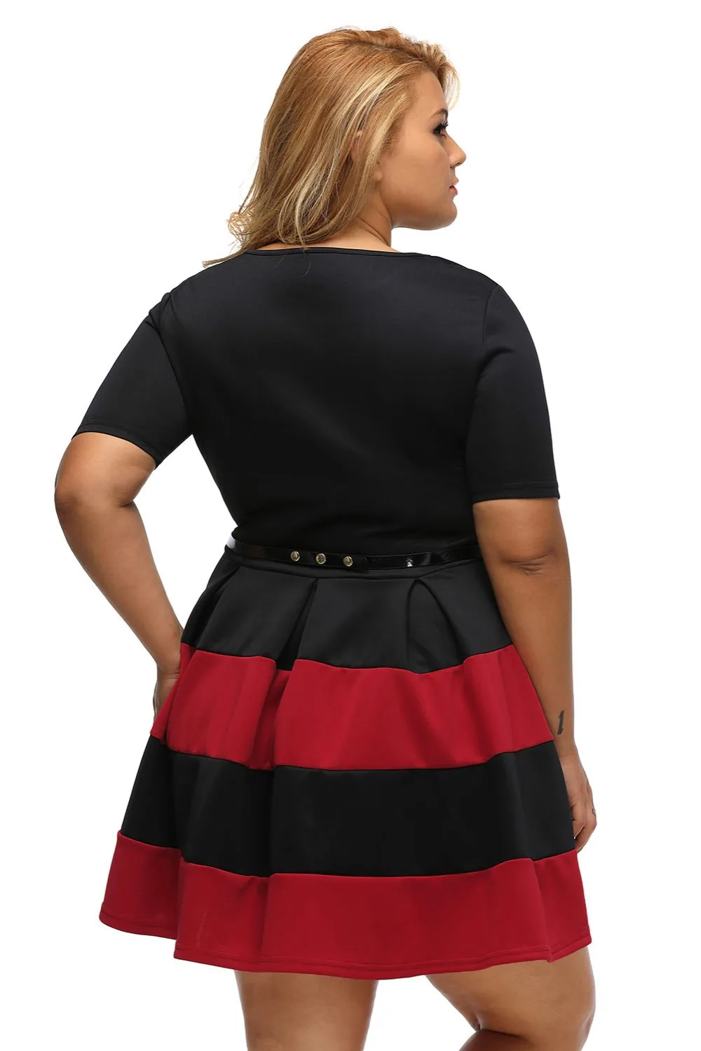 Burgundy-Stripes-Detail-Belted-Plus-Size-Skater-Dress-LC22806-3-6