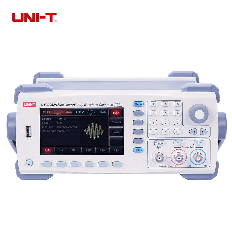 

UNI-T UTG2062A 60MHz Dual Channels Signal Function Arbitrary Waveform Generator 250MSa/s 4.3'' TFTLCD Arb. Memory Depth 1M USB