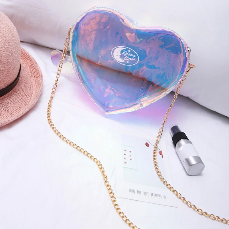 Модная лазерная сумка для женщин розовый синий карамельный цвет сумки любовь в форме сердца для девочек подростков