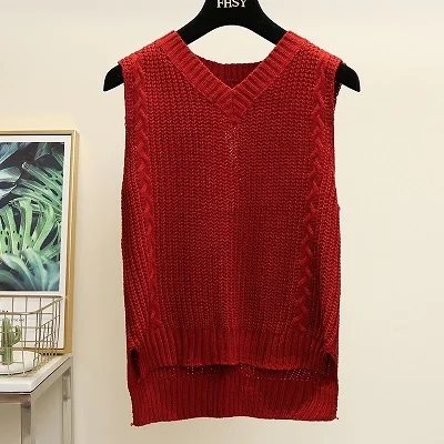 Autumn Women Spring Sleeveless V-neck Knitted Vest Coat Twist Drawstring Irregular Hem Sweater Tank Tops Knit Pullovers Vests - Color: wine red