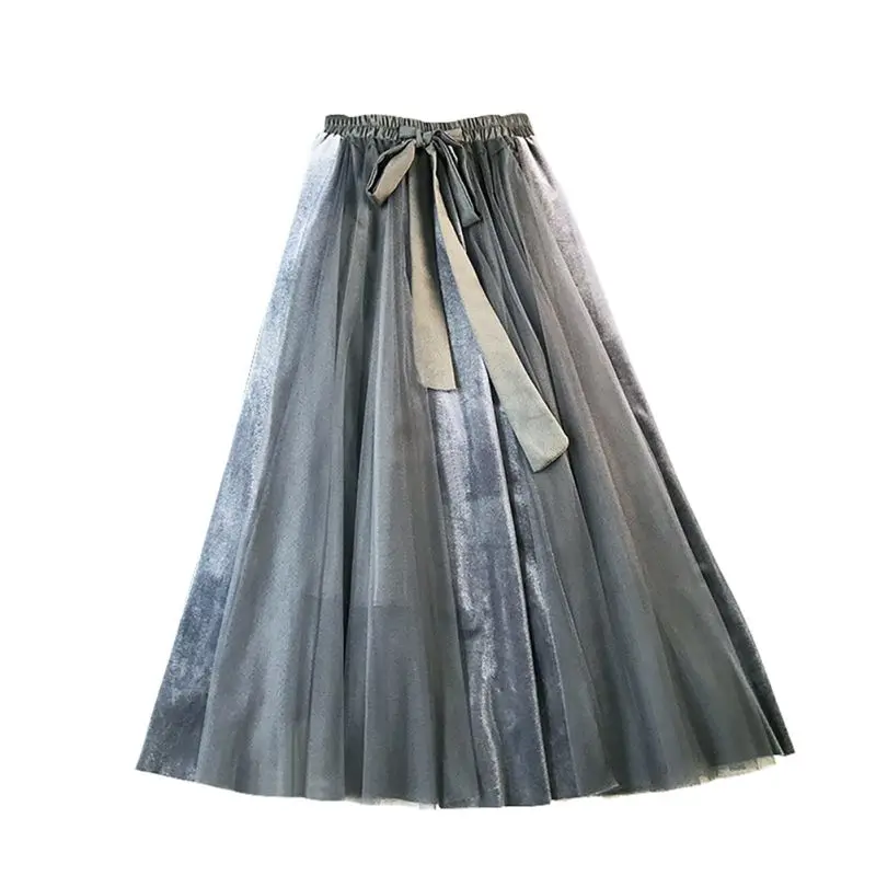 Женская Весенняя Осенняя Золотая Бархатная эластичная юбка с бантом и высокой талией, модная сетчатая мини-юбка средней длины
