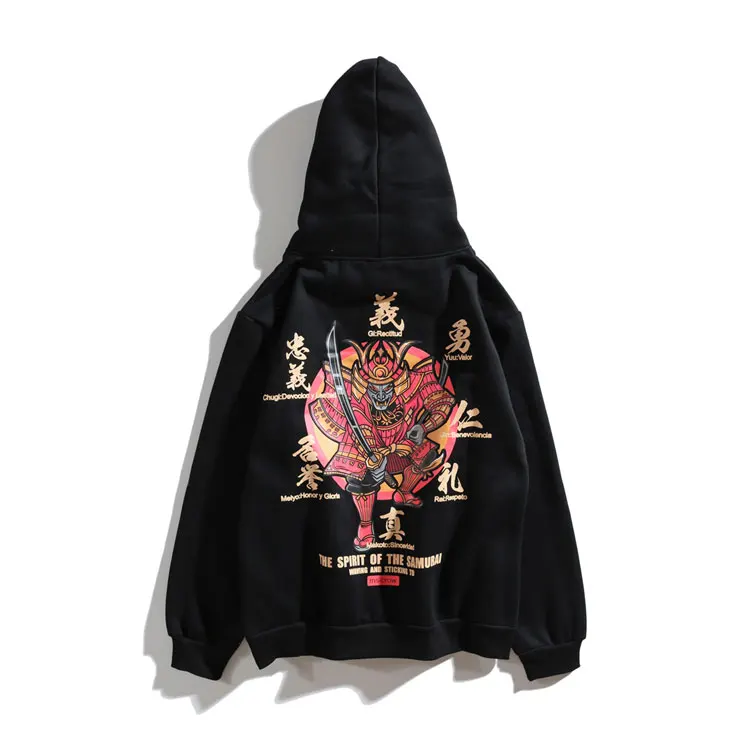 Японский самурай печатных флисовые толстовки кофты для мужчин осень хип хоп мужской повседневный пуловер уличная мода толстовки - Цвет: Черный