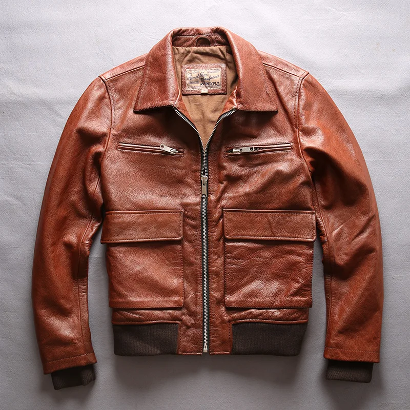 

2019 Men's Coat Turn-down Collar Cowskin Casual Air Force Flight Jacke Slim Fit Real Genuine Leather jacket Men Bomber Jacket