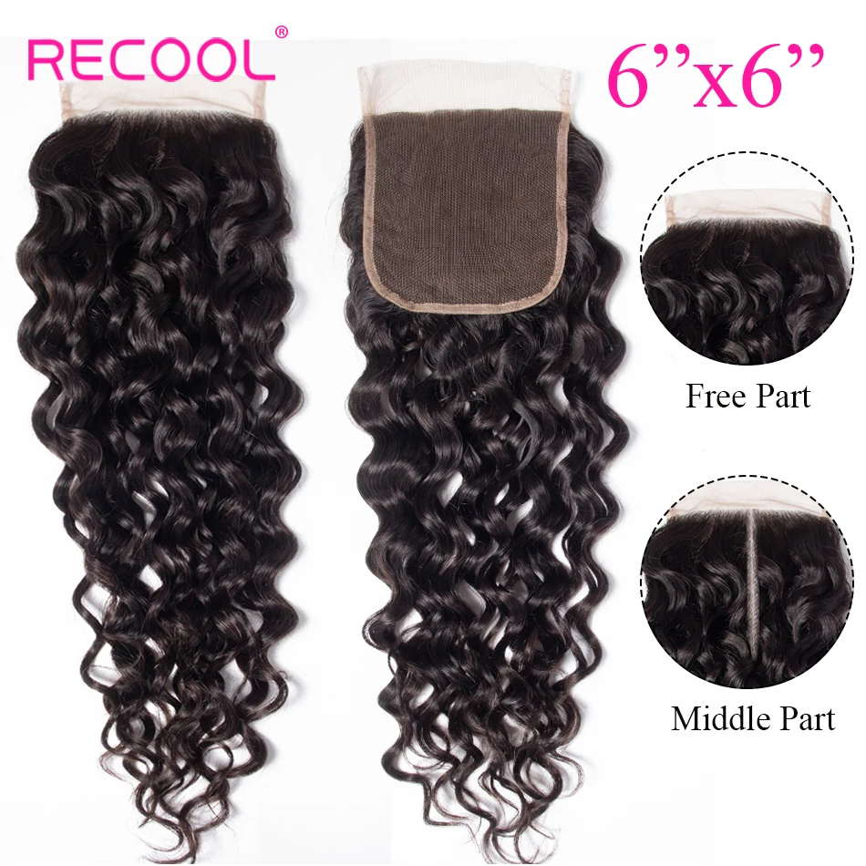 

Recool Hair 6x6 Lace Closure Brazilian Water Wave Closure Pre Plucked Free Middle Part 6x6 Swiss Lace Human Hair Closure