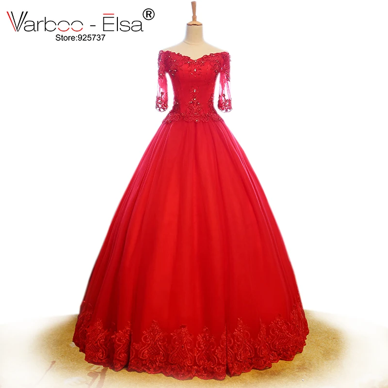 VARBOO_ELSA 2021 Custom Made Red tulle Applique beaded Bridal Gown Sweetheart Half Sleeve Wedding Dress Robe De Mariage Princess | Свадьбы и