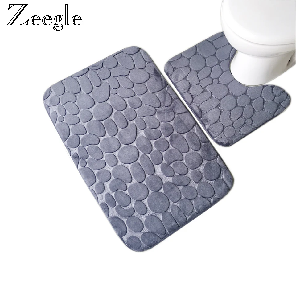

Zeegle 3D Stone Embossed 2pcs Bathroom Mat Set Anti-slip Toilet Floor Mats Absorbent Bath Mat Set Toilet Rug Flannel U-shape Mat