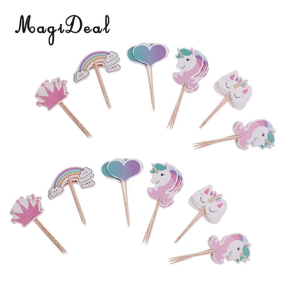 MagiDeal 2 Set Rainbow Unicorn Cake Topper Love Shape Crown Food Picks Party Decor