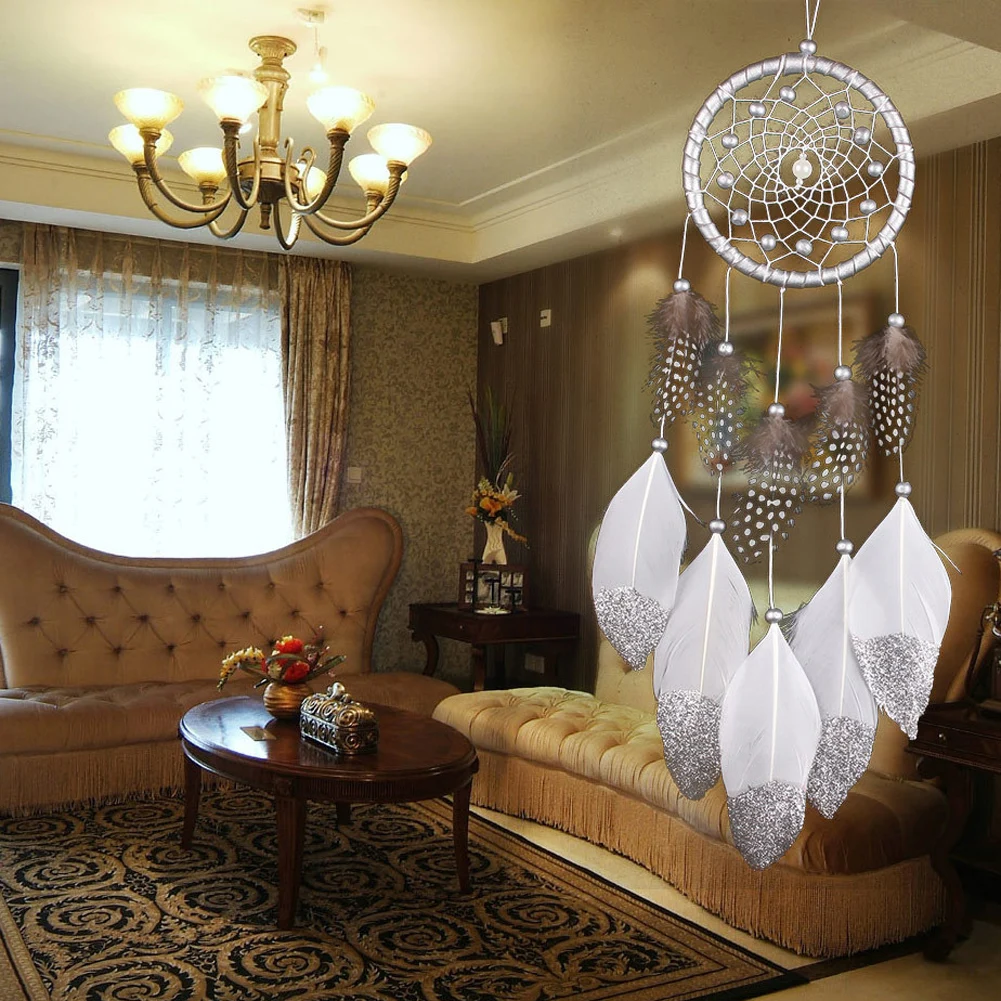 

Indian Handmade Silver White Dream Catcher Circular Feathers Wall and Car Hanging Decoration Dreamcatcher Ornament Gift