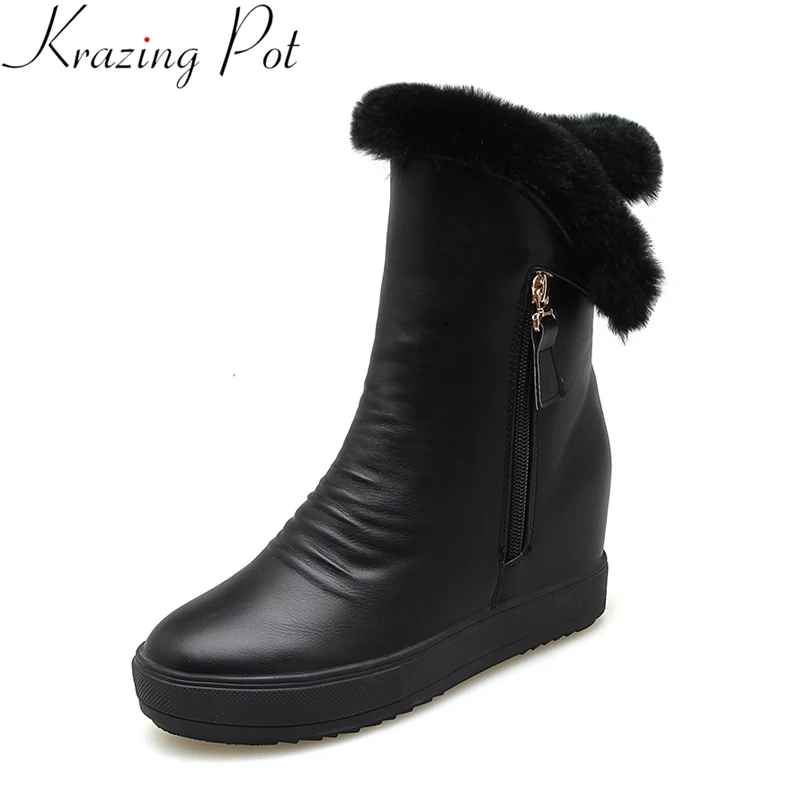 

Krazing Pot 2018 fashion round toe pu increasing zipper fur superstar platform wedge winter shoes warm women mid-calf boots L82