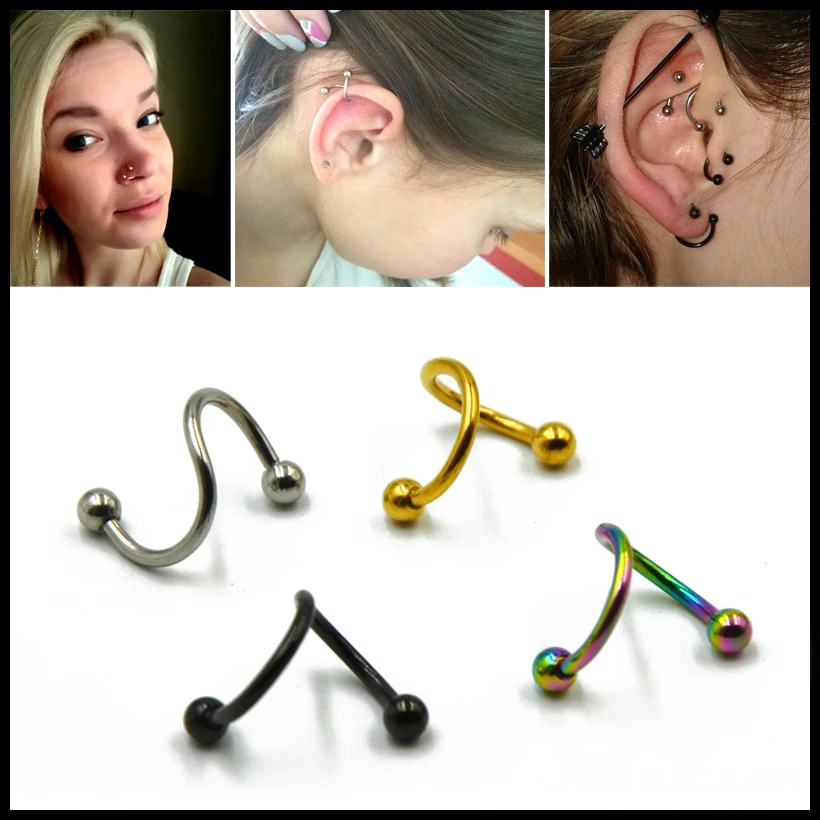Fashion 4pcs Anodized S Twist Spiral Lip Piercing Ring Nose Ring Ear