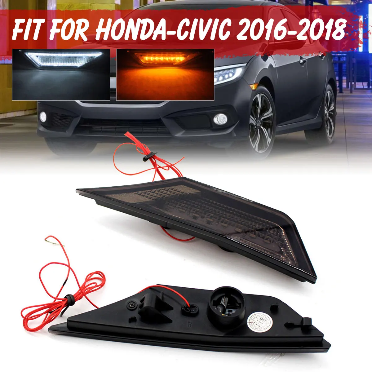 

New 2pcs Front LED Side Marker Lights Assembly Fit 2016-2018 For Honda For Civic With Switchback Turn Signal Function Smoke Lens