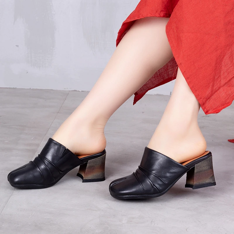 

Artdiya Original New Summer Retro Thick Heels Women Slippers Female Personality Genuine Leather High Heels Outdoor Casual Shoes