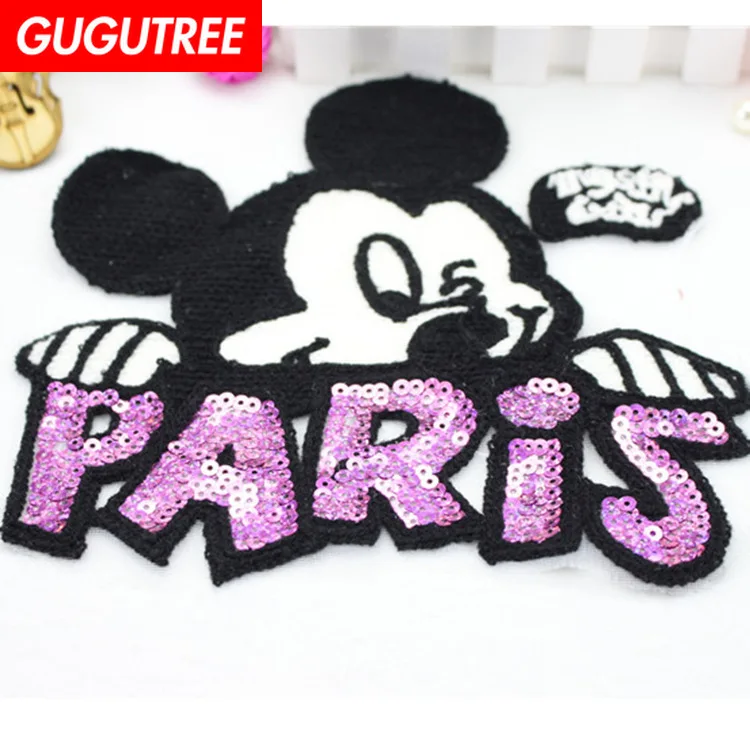 

GUGUTREE embroidery Sequins big mouse patches paris patches badges applique patches for clothing XC-454