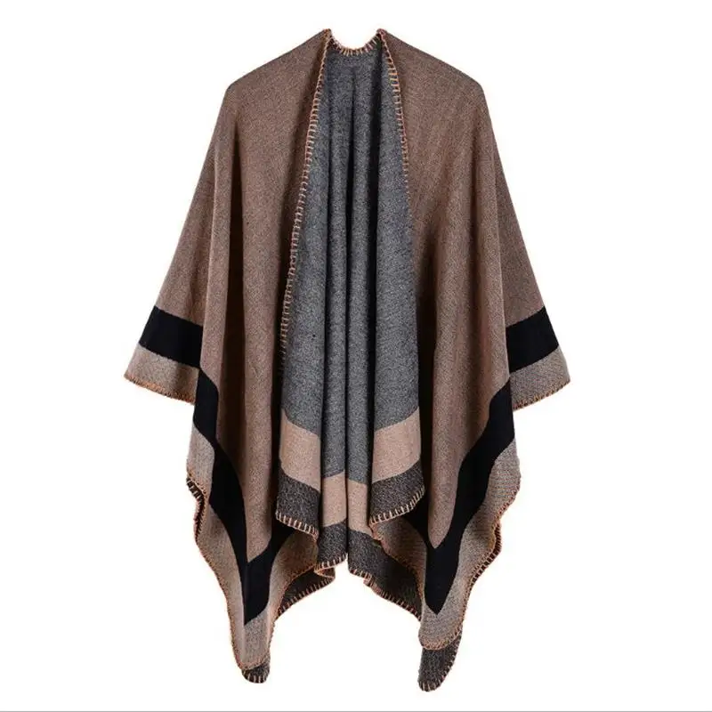 SupSindy women's poncho Winter scarf women cape Red Stripe shawl wrap luxury pashmina warm scarves for women cloak vintage stole - Цвет: Khaki