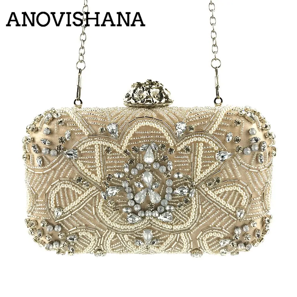 

ANOVISHANA New Women Evening Bags Pearl Beaded Diamond Women Evening Clutch Bag Bridal Wedding Purse Handbag Shoulder bag 113