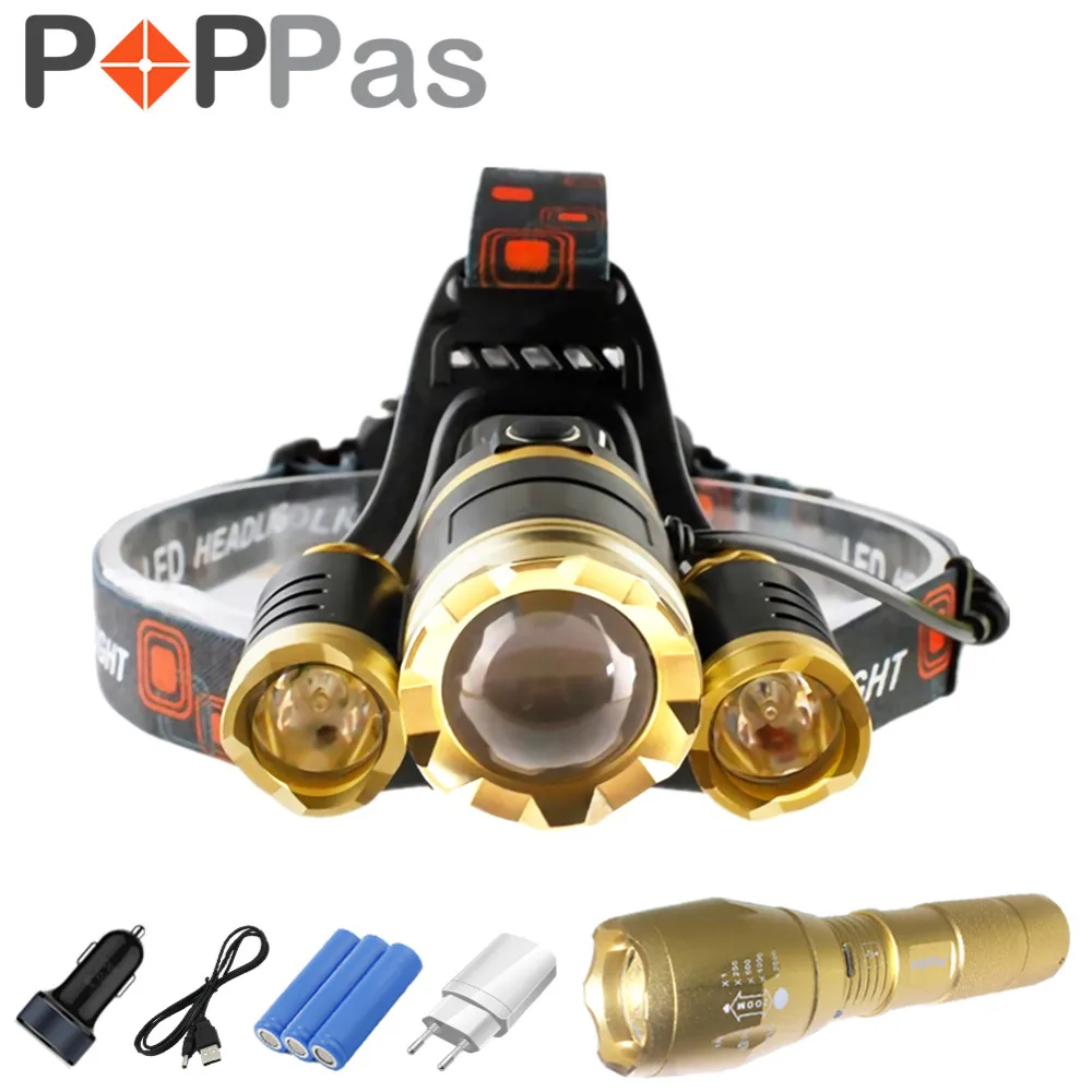 

POPPAS Gold LED Headlamp And Flashlight 10000LM CREE 3T6 L2 Chips Headlight Rechargeable Zoom Light Hunting Birthday Present