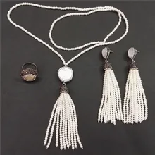Набор украшений с жемчугом в богемном стиле, регулируемое серебристое кольцо с жемчугом, бусинами, кисточками, висячими серьгами, соединителем с кисточками, ожерелье с подвесками для женщин