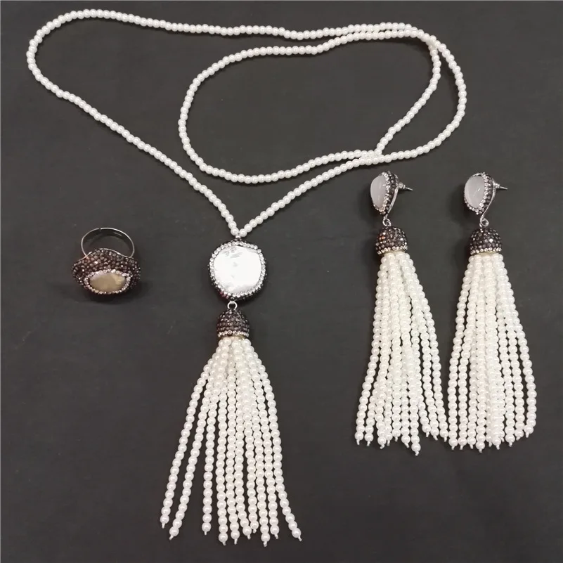 

Bohemia Boho Pearl Jewelry Set Adjustable Silvery Ring Pearl Bead Tassel Dangle Earring Connector Tassel Necklace Charms Women