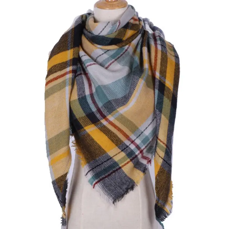 Женский зимний теплый шарф с треугольниками, винтажный клетчатый большой длинный шарф с принтом, Кашемировое вязаное одеяло с кисточкой
