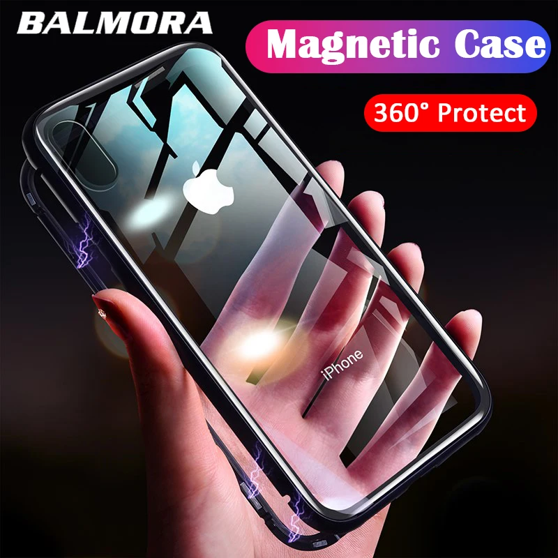 BALMORA Magnetic Adsorption Metal Case for iPhone X XS MAX XR 6 6s 7 8 Plus Anti-Knock Tempered Glass |