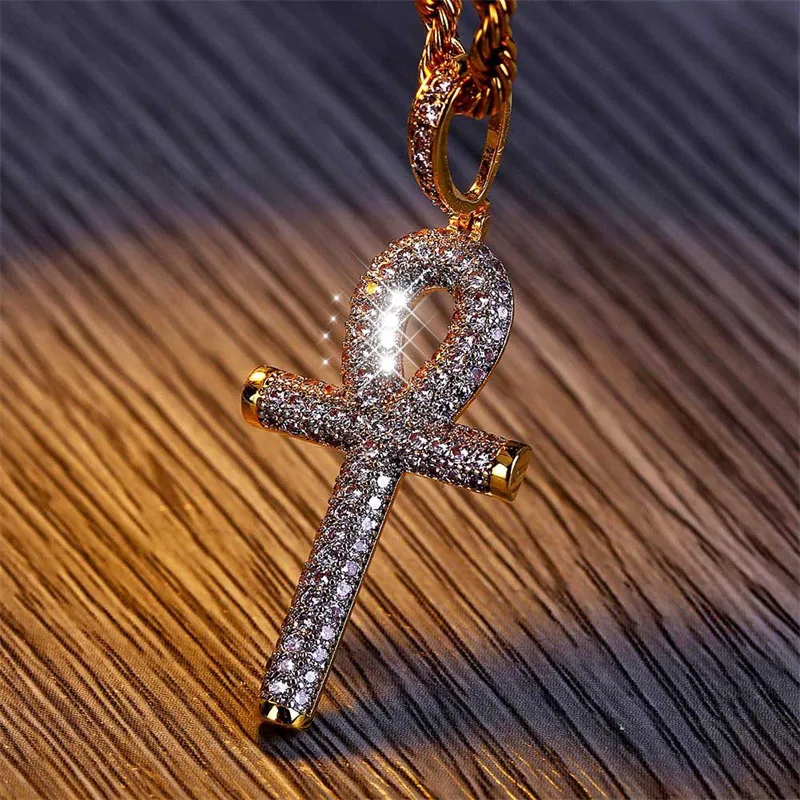 

Iced Zircon Ankh Cross Pendant Gold Silver Copper Material CZ Egyptian Key of Life Pendant Necklace Men Women Hip Hop Jewelry