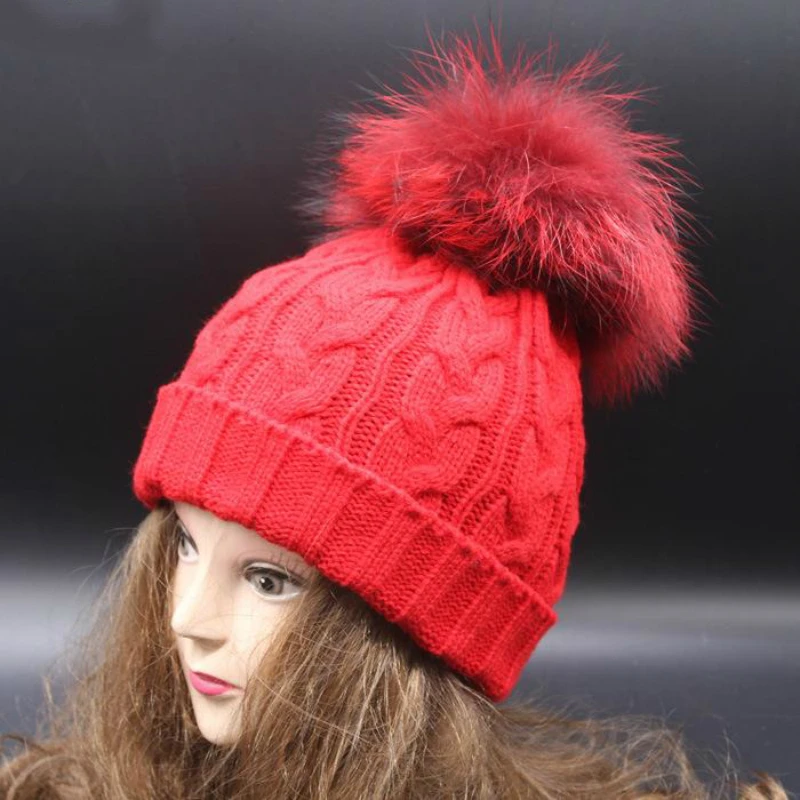 Sombreros de beb/é,Sombreros de Punto de Lana y un Bonito Pomp/ón de Piel de Mapache,Gorro de Invierno Unisex Caqui