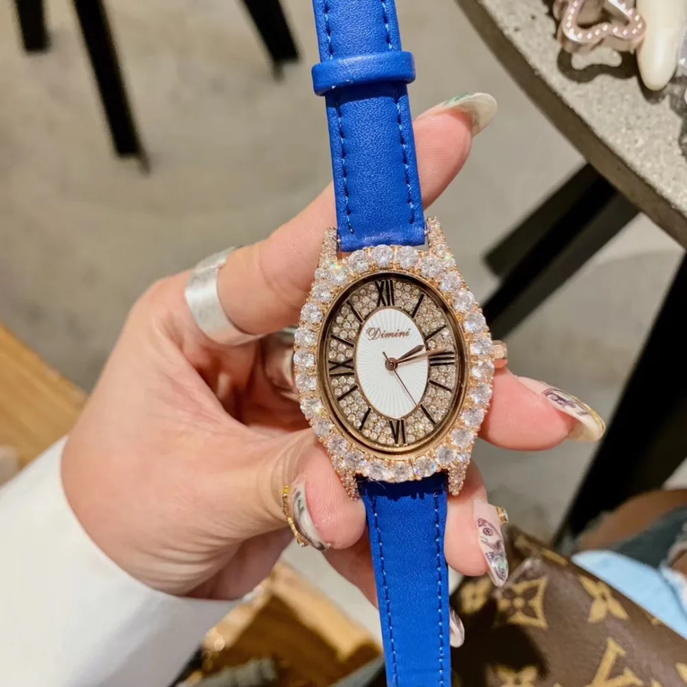 Нежные Кристаллы ювелирные часы для Для женщин Винтаж овальные наручные часы Водонепроницаемый из натуральной кожи ремешок часы римские