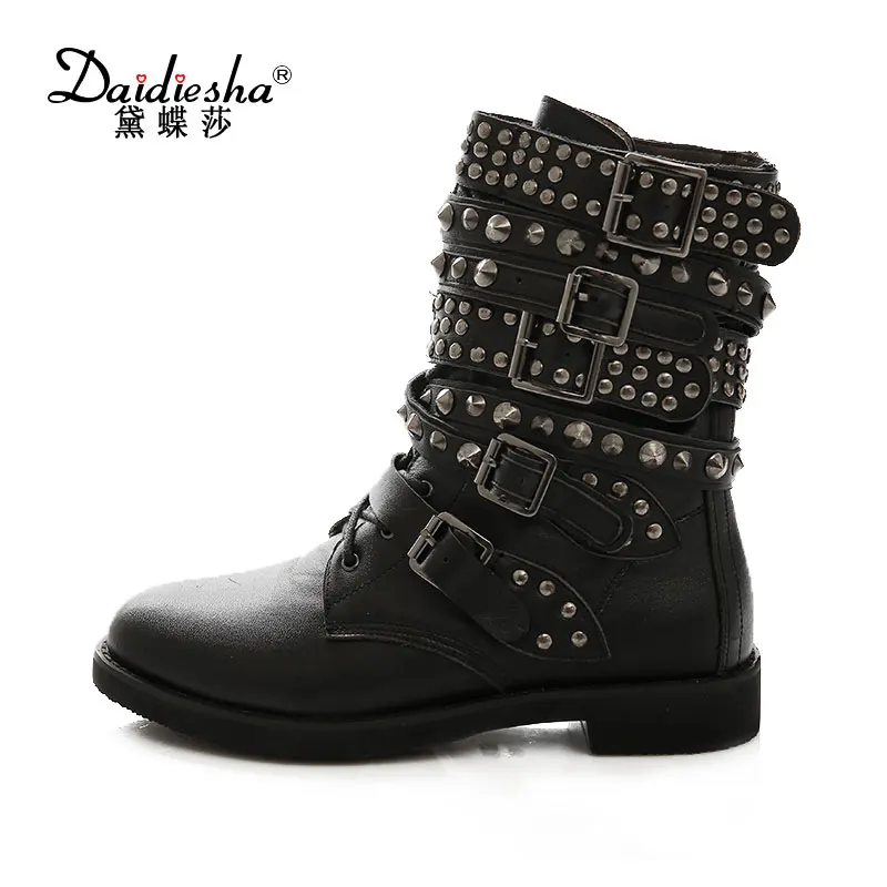 

Daidiesha Cool Motorcycle Boots Women Shoes Buckle Strap Rivet Lace up Punk Female Boot Street Autu Genuine+pu Leather Boots