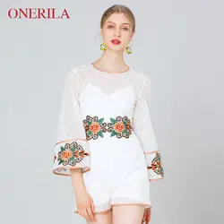 ONERILA 2018 повседневное O средства ухода за кожей шеи с длинным рукавом вышивка цветочный белый кружево Комбинезоны для женщин Короткие