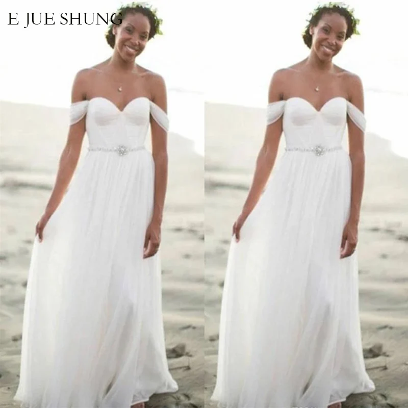 

E JUE SHUNG White Chiffon boho Wedding Dresses Crystal Sash Sweetheart Off The Shoulder Beach Wedding Gowns Bride Dress