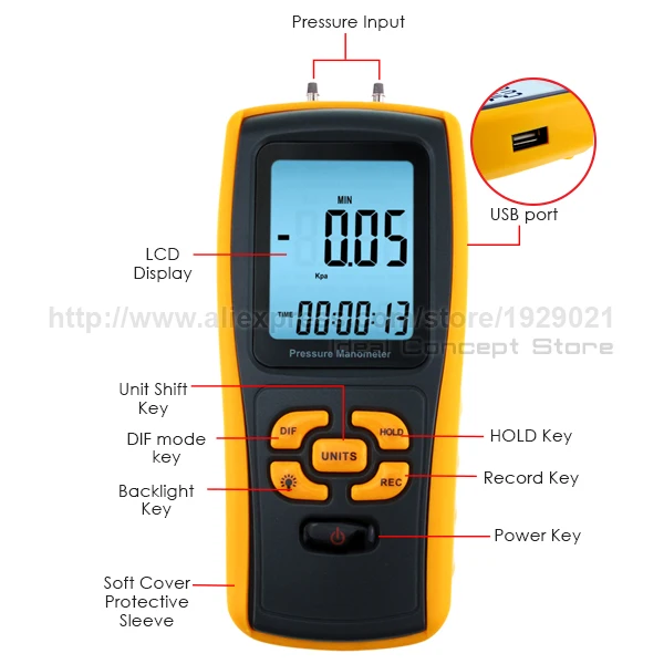 Цифровой манометр с интерфейсом USB, 11 единиц измерения, дифференциальный манометр, прибор для измерения давления воздуха