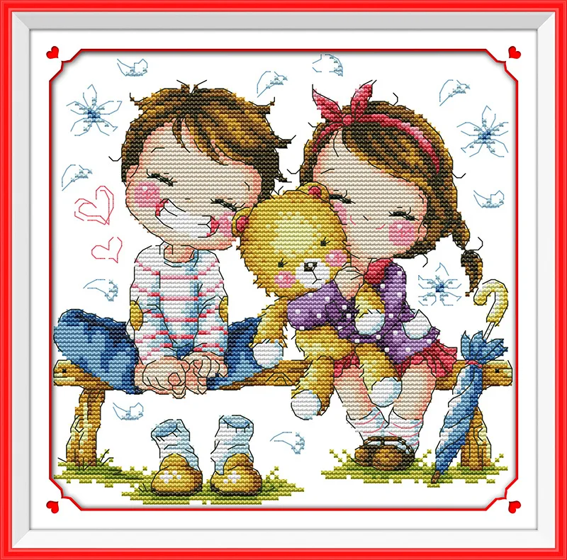 

Happy time boy and girl Printed Canvas DMC Counted Cross Stitch Kits printed Cross-stitch set Embroidery Needlework