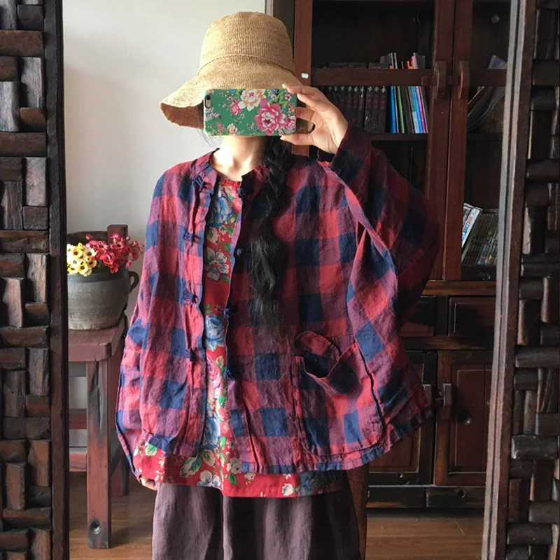 

Johnature Plaid Red Jackets Coats Women Cotton Linen 2019 Spring New Stand Button Bat Sleeve Women Cloths Vintage Jackets Coats