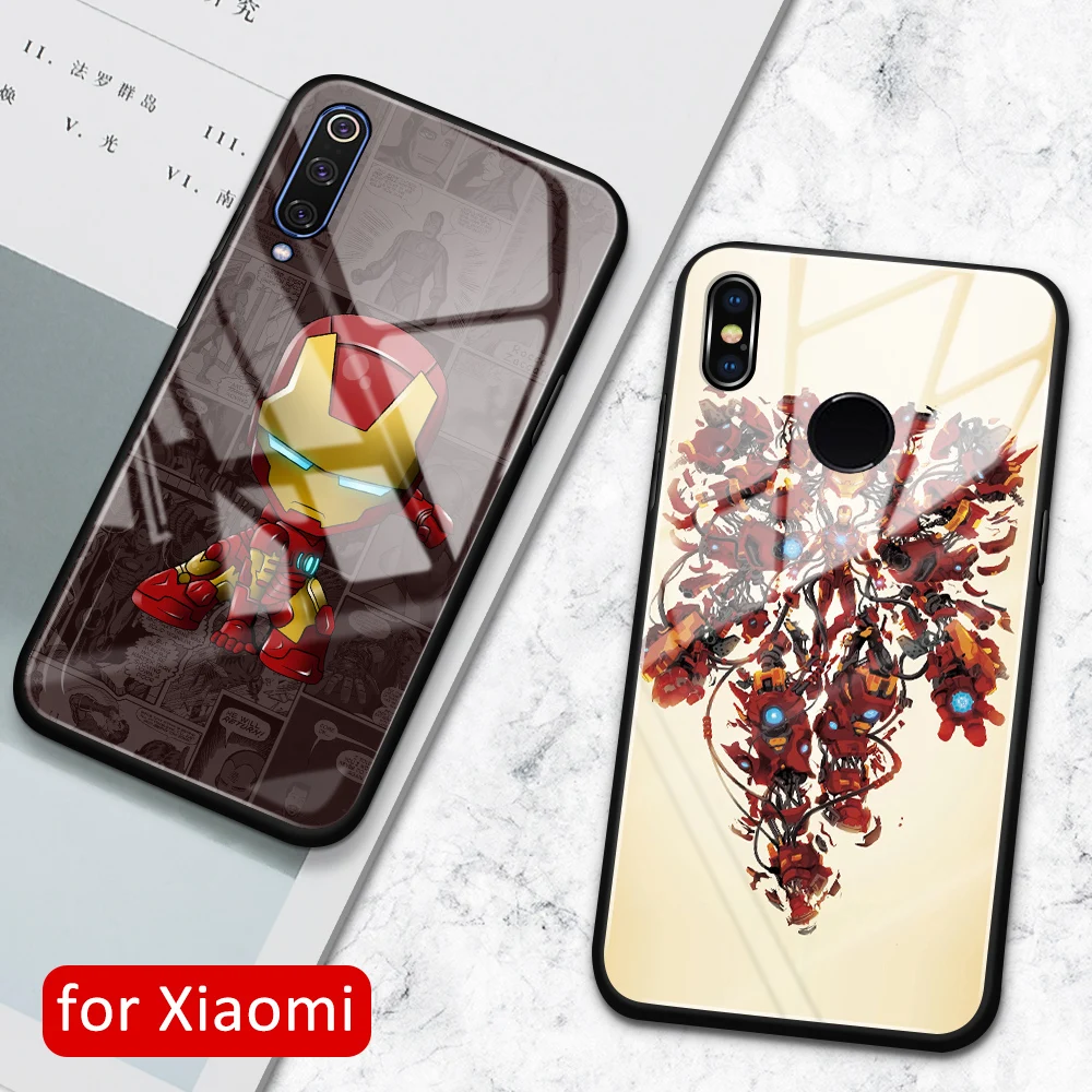 

Case for Xiaomi 9 fundas glass back cover Marvel iron Man shell for Xiaomi mi 8 8se lite explorer mi 9 9se mix 2 2s 3 CC9