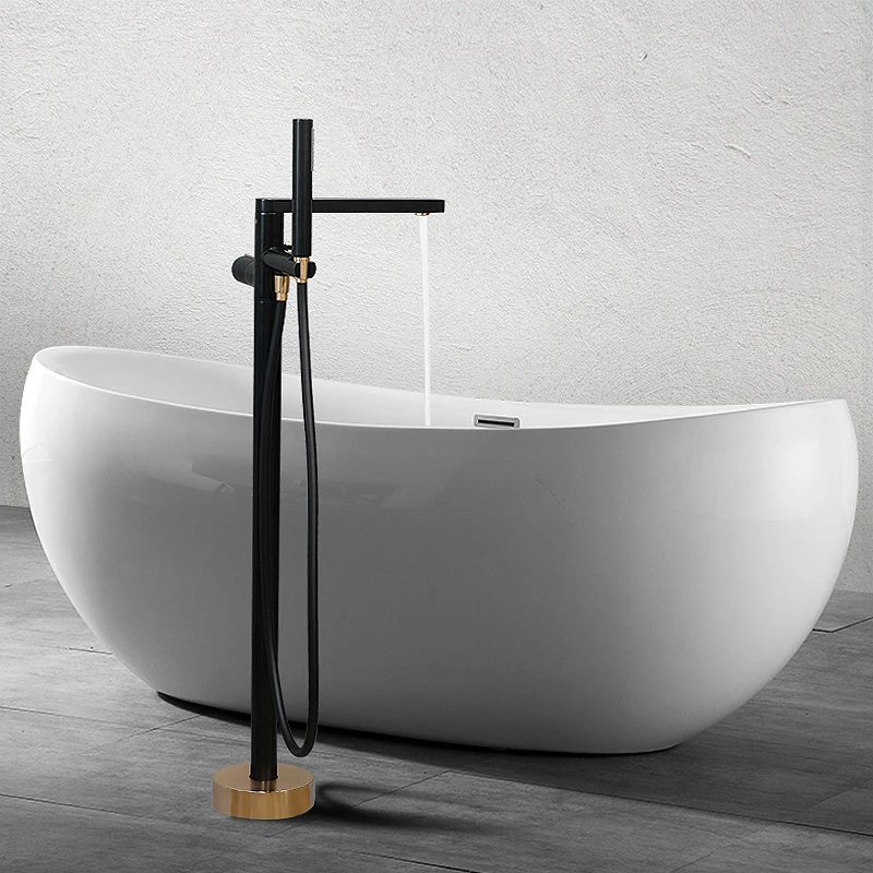 

Black Bathtub Floor Stand Faucet Mixer Single Handle Mixer Tap 360 Rotation Spout With ABS Handshower Bath Mixer Shower